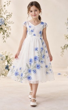 Tea-length White Floral V-neck Cap Sleeve Gathered Organza Flower Girl Dress