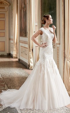 Meerjungfrauen-Maxikleid mit Applikationen, Rundhalsausschnitt, kurzen Ärmeln, Spitze und Tüll