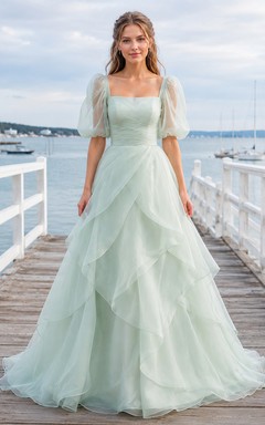 Mint Green Square Neck Puff Sleeve Layered Organza A-Line Wedding Dress