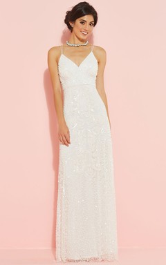Sheath Spaghetti Sleeveless Sequined Floor-Length Wedding Dress