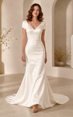 Simple Satin Wedding Mermaid V Neck Short Sleeves Button Sweep Train