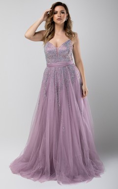 Modernes, bodenlanges, ärmelloses Tüll-Abendkleid in A-Linie mit Korsettrücken und Perlenstickerei
