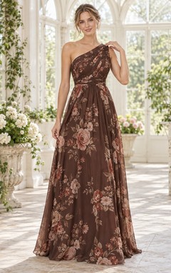 Vestido de dama de honor de gasa largo hasta el suelo con estampado floral color chocolate, un solo hombro y drapeado.