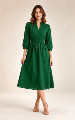 Dark Green V-Neck Long Sleeve Jersey A-Line Tea-Length Occasion Dress