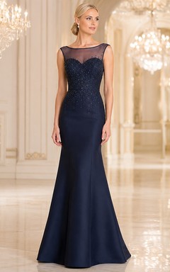 Dunkelblaues Illusion-Bateau-Satin-Trompetenkleid