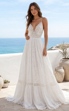 Boho Adlib A Line Spaghetti Deep V Lace Train Wedding Dress
