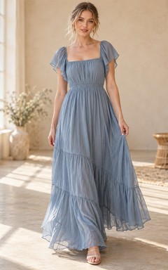 Vestido largo de gasa azul acero con cuello cuadrado y mangas con volantes, estilo bohemio, para damas de honor.