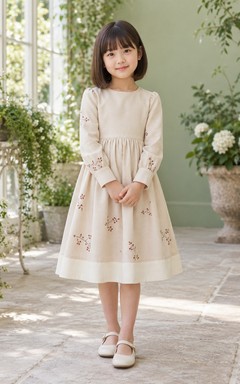 Schlichtes, schlichtes, langärmeliges, cremefarbenes A-Linien-Kleid für Blumenmädchen mit Bündchen aus Schmucksteinen, dezentem Beerenmuster, gerafftem Saum und Teelänge.
