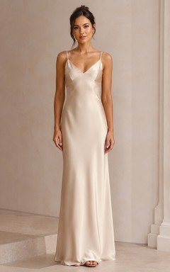Champagne V-Neck Satin Sheath Bridesmaid Dress
