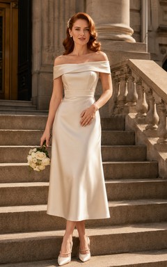 Schulterfreies Brautkleid aus Satin in Teelänge