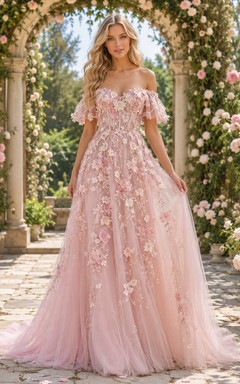 Rosafarbenes schulterfreies Brautkleid mit 3D-Blumenapplikationen im Gartenstil
