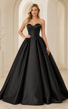 Classic Satin Black Ball Gown Floor-length Sweep/Brush Train Strapless Sweetheart Sleeveless Luxury Elegant Prom Evening Formal Reception Dress