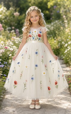Elegantes, blumenbesticktes Tüllkleid mit kurzen Ärmeln, Teelänge, für Blumenmädchen und Gartenpartys