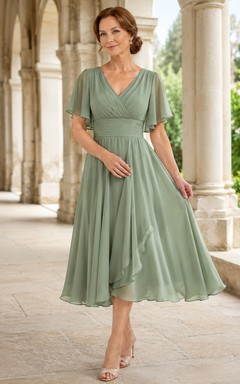 Robe mère en mousseline de soie couleur sauge, col V, longueur thé, coupe trapèze