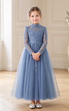 Flower Girl Dress Steel Blue Lace Tulle A-Line Jewel Neck Tea Length