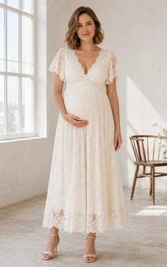 Maternity Wedding Dress Lace A-Line Tea-Length V-Neck Short Sleeve Romantic Garden Style