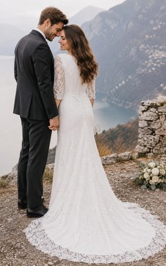 Ländlich-klassisches, schlichtes Brautkleid im Boho-Stil mit Spitze und langen Ärmeln
