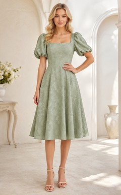 Sage Square Short Sleeve Taffeta A-Line Tea-length Puff Vintage Dress