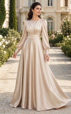 Champagne Modest High Neck Long Sleeve Satin A-Line Evening Dress