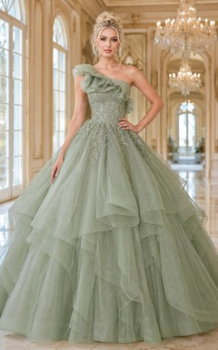 Vestido de gala largo hasta el suelo, de lujo, color celadón, con un solo hombro, lentejuelas, tul y volantes en cascada, ideal para quinceañeras o graduaciones.