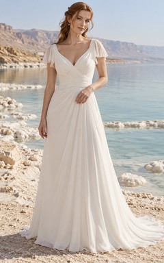 Einfaches Brautkleid aus Chiffon mit V-Ausschnitt, kurzen Ärmeln und A-Linien-Schnitt sowie drapierter Taille