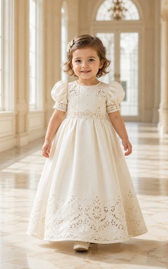Puff Sleeve Baptism Gown A-Line Lace Satin Jewel Neck Embroidered Hem