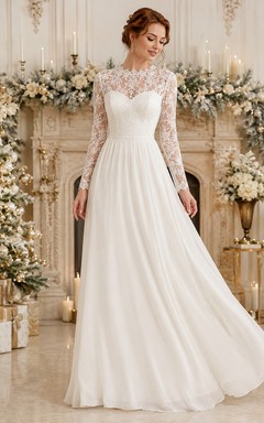Weißes, hochgeschlossenes, bodenlanges A-Linien-Kleid aus Chiffon mit langen Illusionsärmeln und Spitze