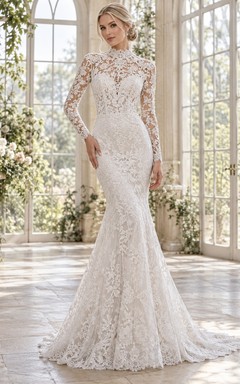 Robe de mariée sirène modeste à col montant, manches longues et traîne en dentelle botanique