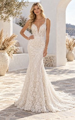 Boho Mermaid V-neck Floral Lace Straps Train Wedding Dress