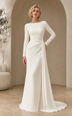 Brautkleid mit Bateau-Ausschnitt, langen Ärmeln, seitlicher Drapierung, Satin-Etui-Stil und tiefem V-Ausschnitt