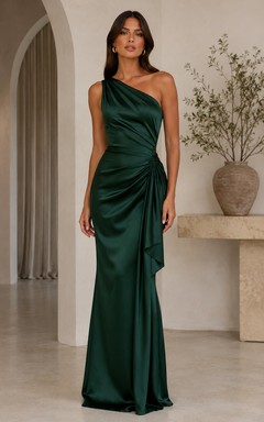 Dark Green Satin Formal Dress with One Shoulder Open Back Draped Sheath Gown