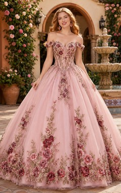 Vestido de fiesta formal de princesa para quinceañera, estilo princesa, con hombros descubiertos y bordado de rosas, color rosa estilo Hacienda.