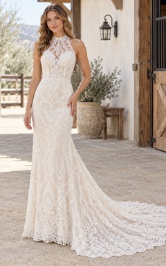 Western Halter High Neck Fitted Floral Lace Train Wedding Dress