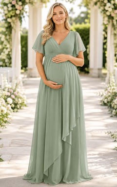 Salbeigrünes Chiffon-Umstandskleid mit V-Ausschnitt, flatternden Ärmeln