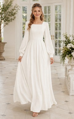 Robe de mariée romantique et modeste en mousseline, coupe trapèze, longueur au sol, manches longues carrées, style temple LDS