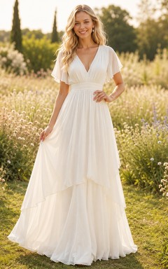 White Chiffon V-neck Short Sleeve A-Line High-low Asymmetrical Romantic Elegant Garden Layered Dress