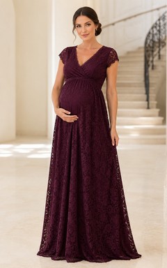 Burgundy Romantic Elegant V-Neck Short-Sleeve Lace Ruched A-Line Floor-Length Formal Dress