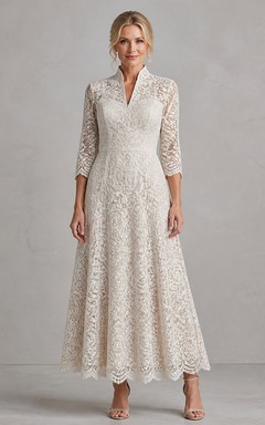 Poised Modest Older Brides Lace A-Line Ankle-length Notched Three-Quarter Sleeve Mother Dress