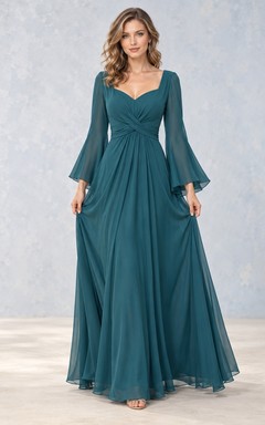 Vestido de noche largo de gasa color verde azulado, formal, con escote corazón, mangas acampanadas, cintura fruncida y corte en A.