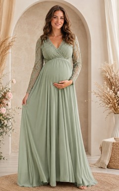 Sage Green Maternity Lace Long-Sleeve V-Neck Empire Floor-Length Dress