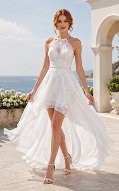 Neckholder-Brautkleid aus Spitze und Tüll, asymmetrischem Saum und A-Linien-Schnitt, perfekt für festliche Anlässe