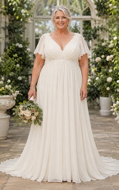 Brautkleid aus Chiffon in A-Linie mit flatternden Ärmeln in Übergröße für ältere Bräute