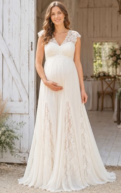Maternity V Neck Cap Lace Sleeve Empire Chiffon A-Line Sweep Wedding Gown