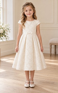 Tea-length Vintage Ivory A-line Floral Textured Cap-sleeve Pleated Flower Girl Dress