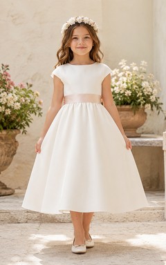 Vestido de niña de flores de satén color marfil con corte en A, manga corta tipo casquillo, escote joya y falda a la altura de la rodilla con detalles de lazo.