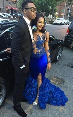 Vestidos de fiesta modernos de manga larga en azul marino estilo sirena para mujer.