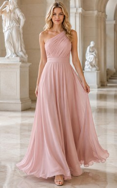 Museum Formal Blush Simple Romantic A-Line Chiffon Bridesmaid Dress with One-Shoulder Sleeveless Floor-Length Draped Open Back