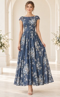 Vintage-Brautjungfernkleid in Marineblau mit Blumenmuster, U-Boot-Ausschnitt und kurzen Ärmeln