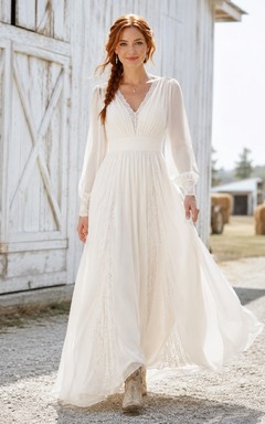 Western Boho Long Sleeve V-Neck Chiffon Empire A-Line Elopement Wedding Dress