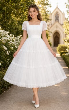 Square Neck Puff Sleeve Tulle Communion Girl Dress